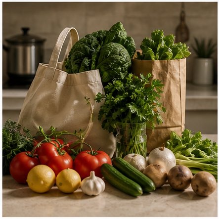 Fresh vegetables and grocery bags on a kitchen counter