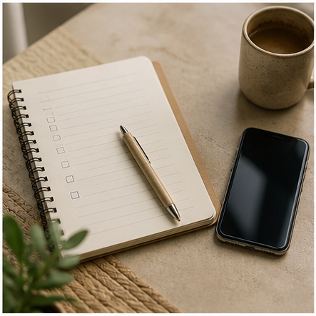 Notebook checklist and phone on a table with no readable private messages