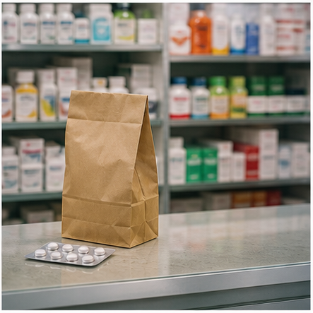 Pharmacy counter detail with a medicine bag and no visible customer