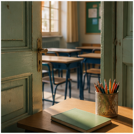 Empty classroom desk with school supplies and no children present